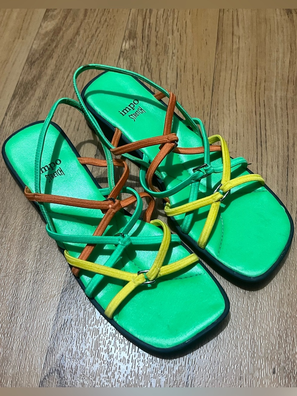 IMPO Stretch Green Strappy Sandals Yellow & Brown Accents